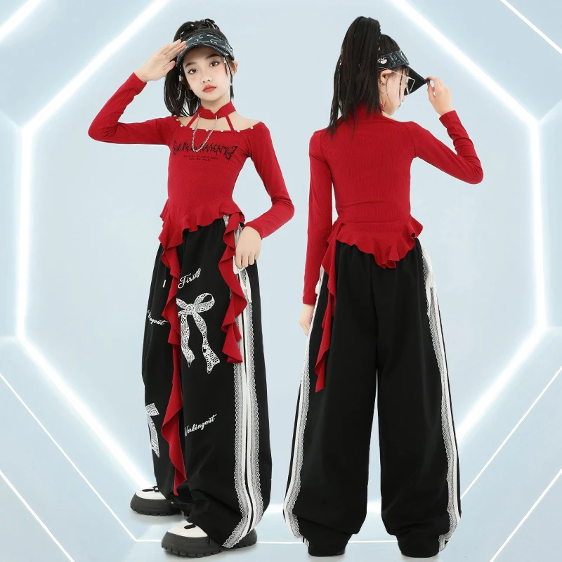2025 Hip Hopสาวแจ๊สเต้นรําเสื้อผ้าสีแดงCrop Topsกางเกงสีดําแฟชั่นStreetสวมใส่เด็กคอนเสิร์ตHiphopประสิทธิภาพชุดBL14469