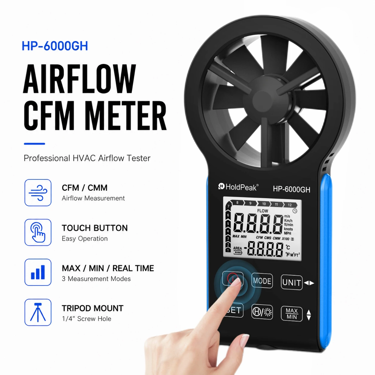 

CFM Anemometer HVAC Air Flow Meter, Digital Wind Speed Meter with Temperature, 0.330m/s Air Velocity & 0999900 CFM Measurement