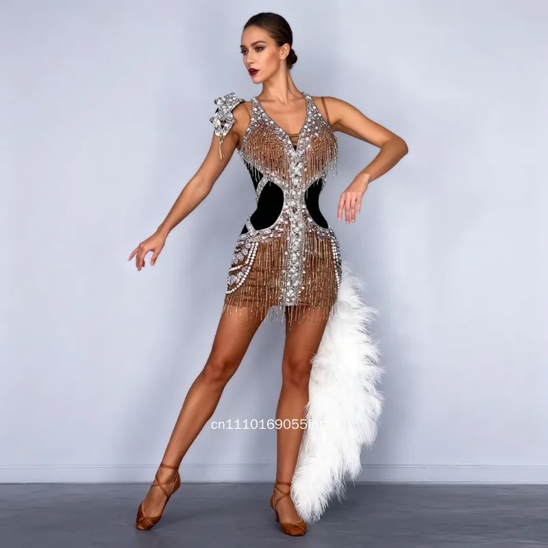 Women'S Sleeveless Short Latin Dance Competition Dress Rhinestone Cha Cha Rumba Jive Performance Costume Custom Size Sparkle