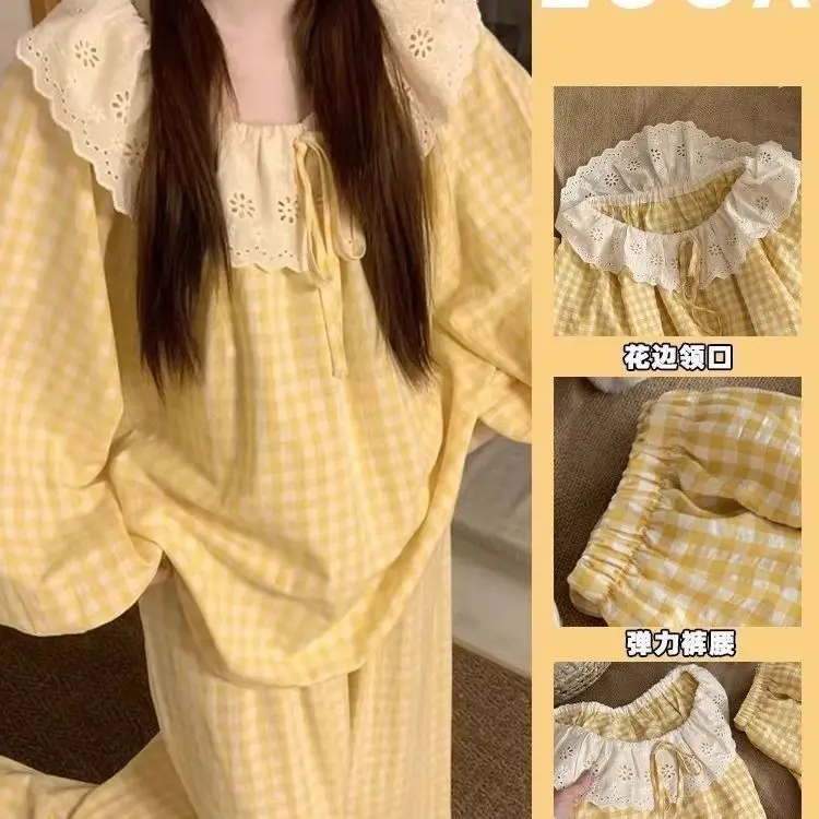 أطقم بيجامات نسائية لربيع وخريف 2025 جديدة بأكمام طويلة على الطراز الكوري ملابس منزلية لطيفة من الدانتيل طقم مكون من قطعتين ملابس بيجامات قطع