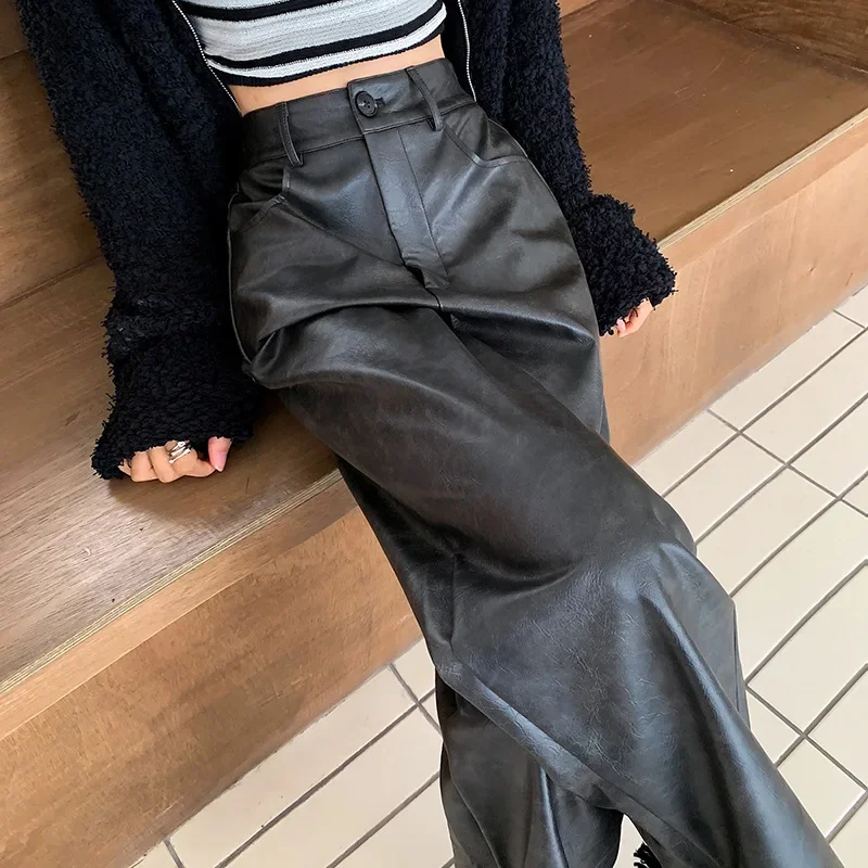 

Women's 2025 New Brown Straight Slim Casual Leather Pants, Stylish Loose Wide-leg Trousers for Autumn and Winter.