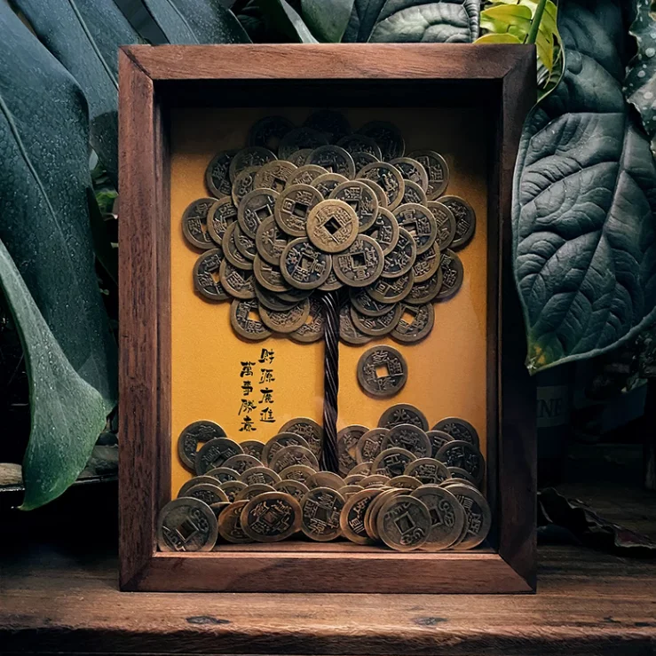 Brass Five Emperors Coins Wealth Tree Creative Resin Picture Frame Hanging Picture Decoration Zhaocai Town Home Decoration ZD654