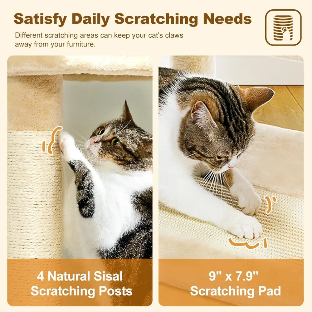 PAWZ Road Cat Tree Tower 62 Inches Cat Tree with 2 Condos,2 Large Perch,4 Scratching Posts & 1 Scratching Board, and 2 Hanging B