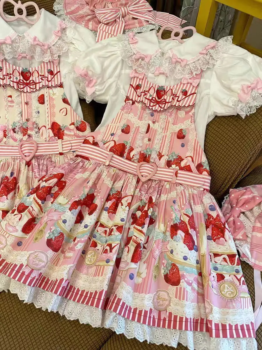 MAGOGO Victorian Sweet Lolita Jsk Dress Cute Striped Strawberry Cake Print Suspenders Dress Japanese Summer Kawaii Party Dresses