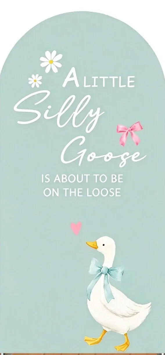 Custom 2-Side Silly Goose Baby Shower Arch Backdrop Cover Sage Green Grid Flower Bow Birthday Party Decor Backdrop Photo