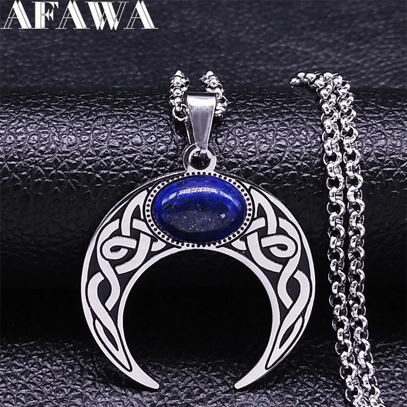 Vintage Crescent Moon Knot Pendant Necklaces for Women Stainless Steel Blue Stone Silver Color Punk Chain Jewelry collier N7941