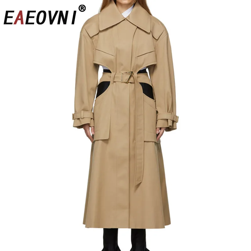 

EAEOVNI 2025 Autumn New Long Trench Coat Women Temperament Hollow Out Waist Design Belt Windbreaker Office Lady Clothing