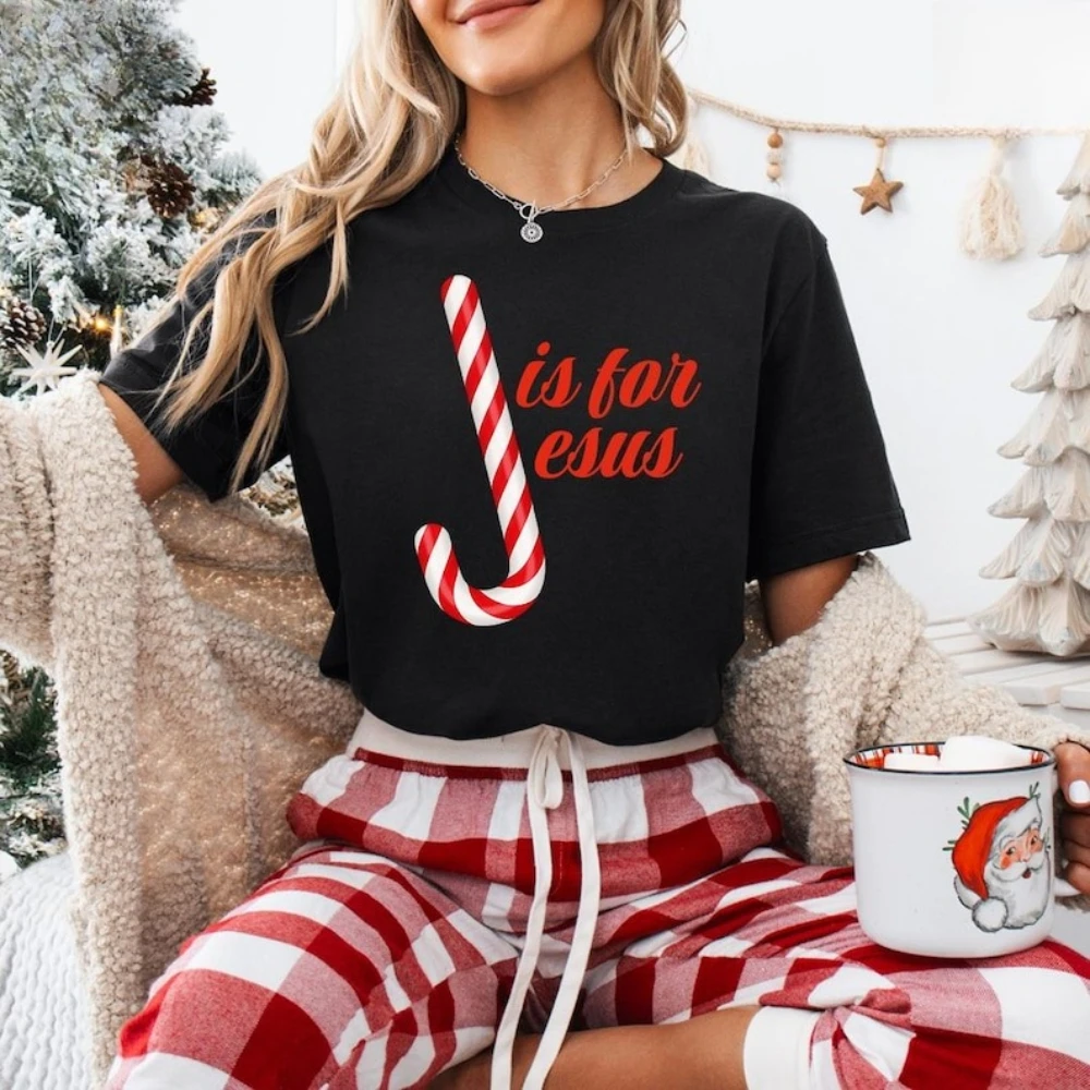 J Is for Jesus Christmas Shirt Funny Candy Cane Tshirt Christian Holiday Tee Religious Christmas Outfit Faith Based Xmas Shirt