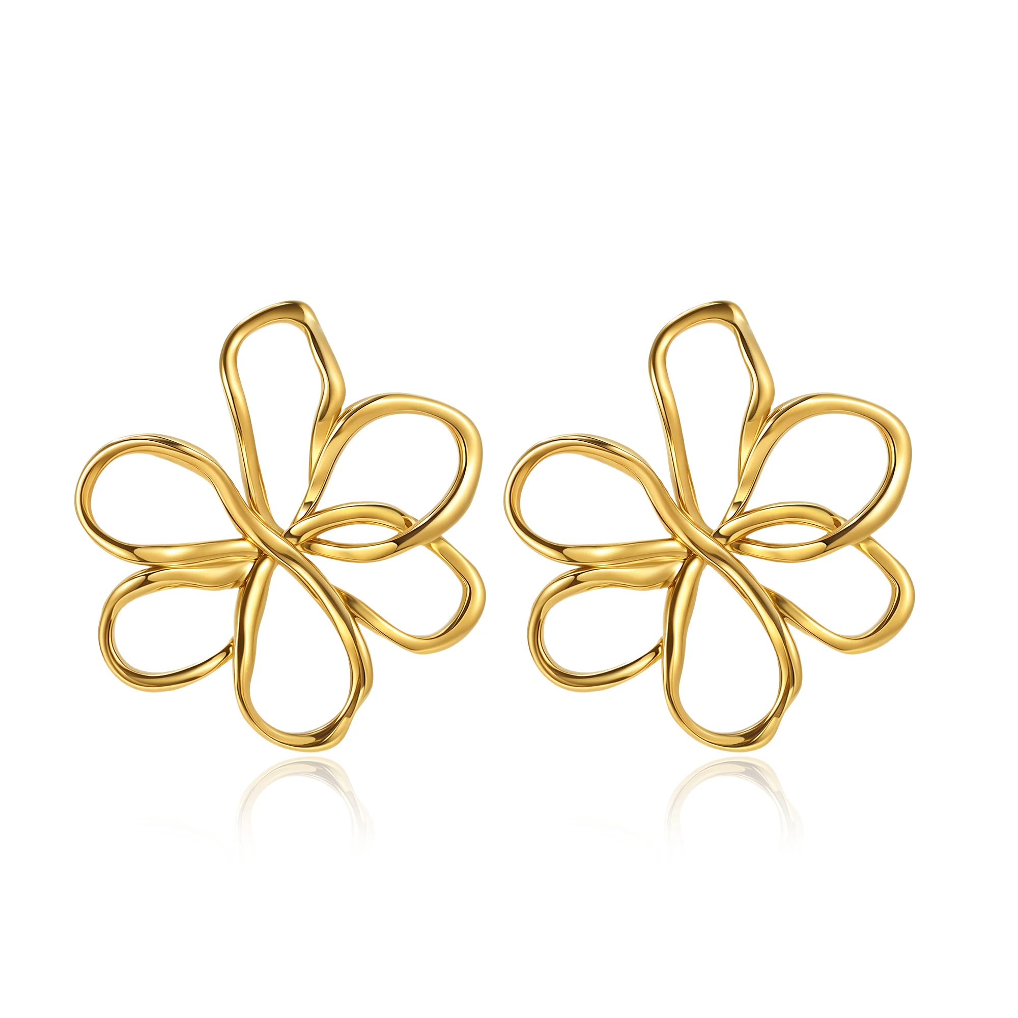 Badu Stainless Steel 18K Gold Plated Hollow Flower Stud Earrings Design Delicate & Timeless for Daily Jewelry