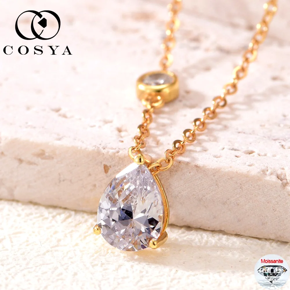 

COSYA 1,25 карата Ожерелье из муассанита грушевидной огранки для женщин, 100% серебро 925 пробы, 18-каратное золото, подвеска в виде капли воды, лабораторный бриллиант, свадебные ювелирные украшения
