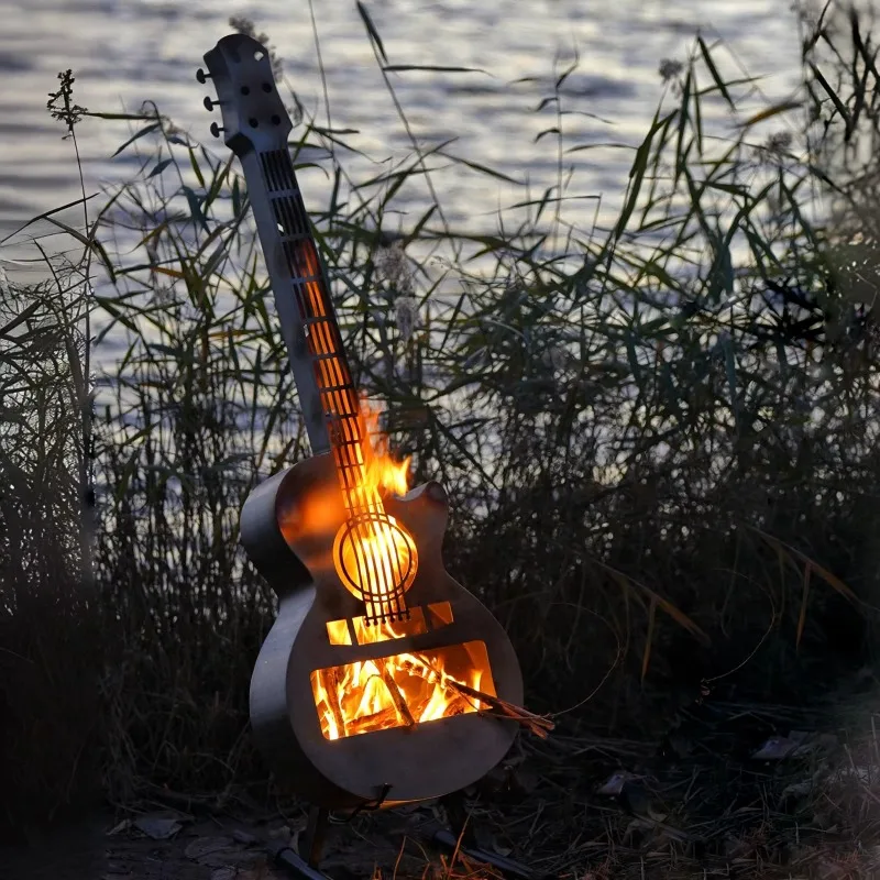Guitar Shaped Fire Pit Stainless Steel Portable Wood Burning Stove for Outdoor Camping Backyard Patio Garden