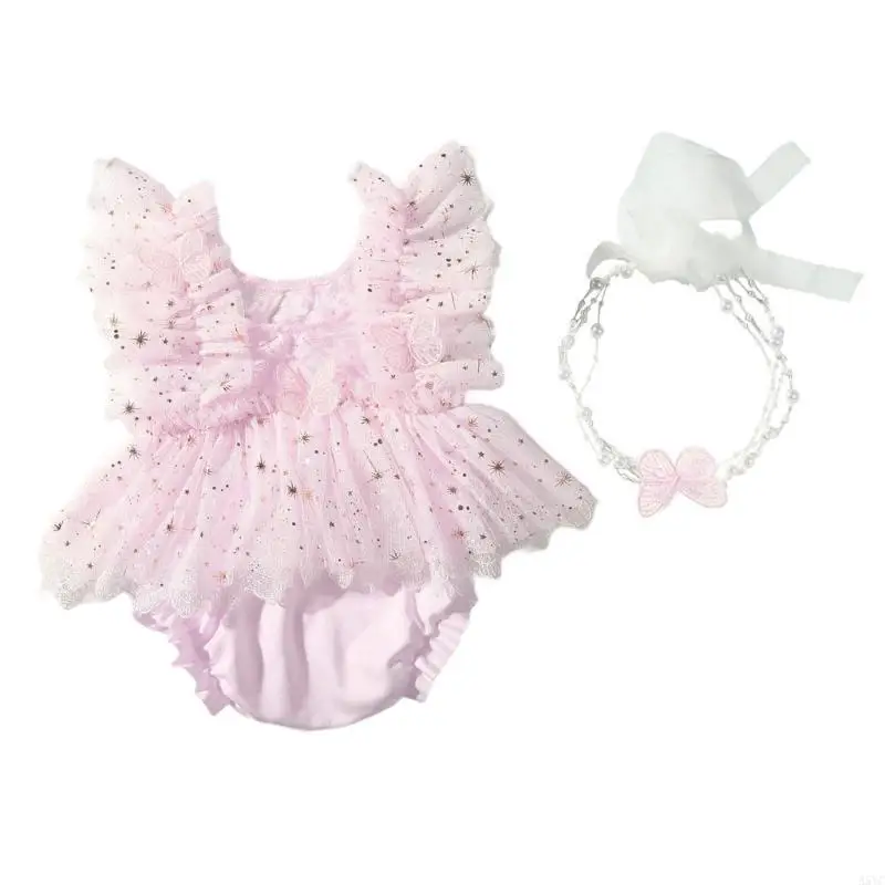 A5YC 1 Set Butterfly Adorned Newborns Photography Dress Headwear Soft Polyester Baby Girls Photoshoots Romper 0-1 Month