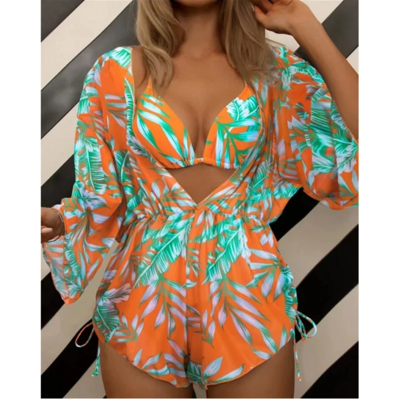 

New leaf print bikini DeepVSexy Push-Up Three-Piece Swimsuit for Women