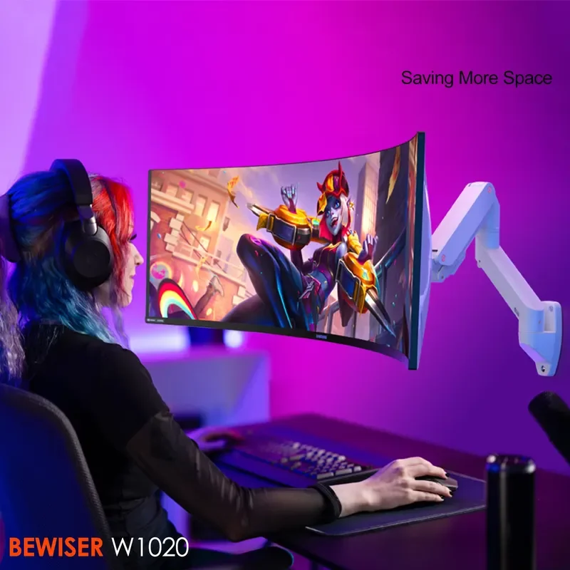 Heavy Duty Gas Spring Monitor Arm Wall Mount Single Screen Holder for Curved Display up to 57 Inch 44lbs Adjustable Desk