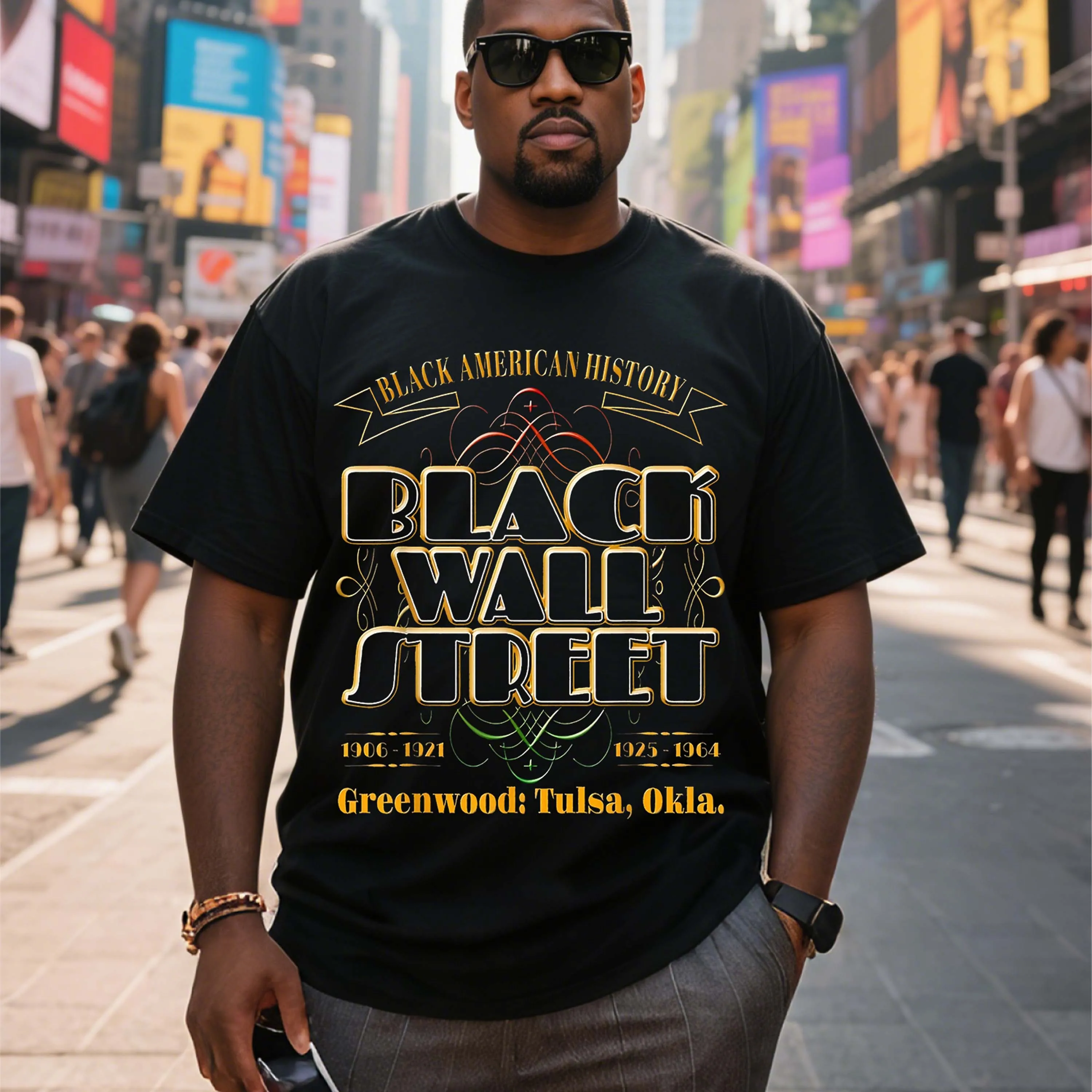 

Черная футболка с короткими рукавами больших размеров с американской историей, черная настенная уличная тема, подходящая для летней одежды для отдыха на открытом воздухе