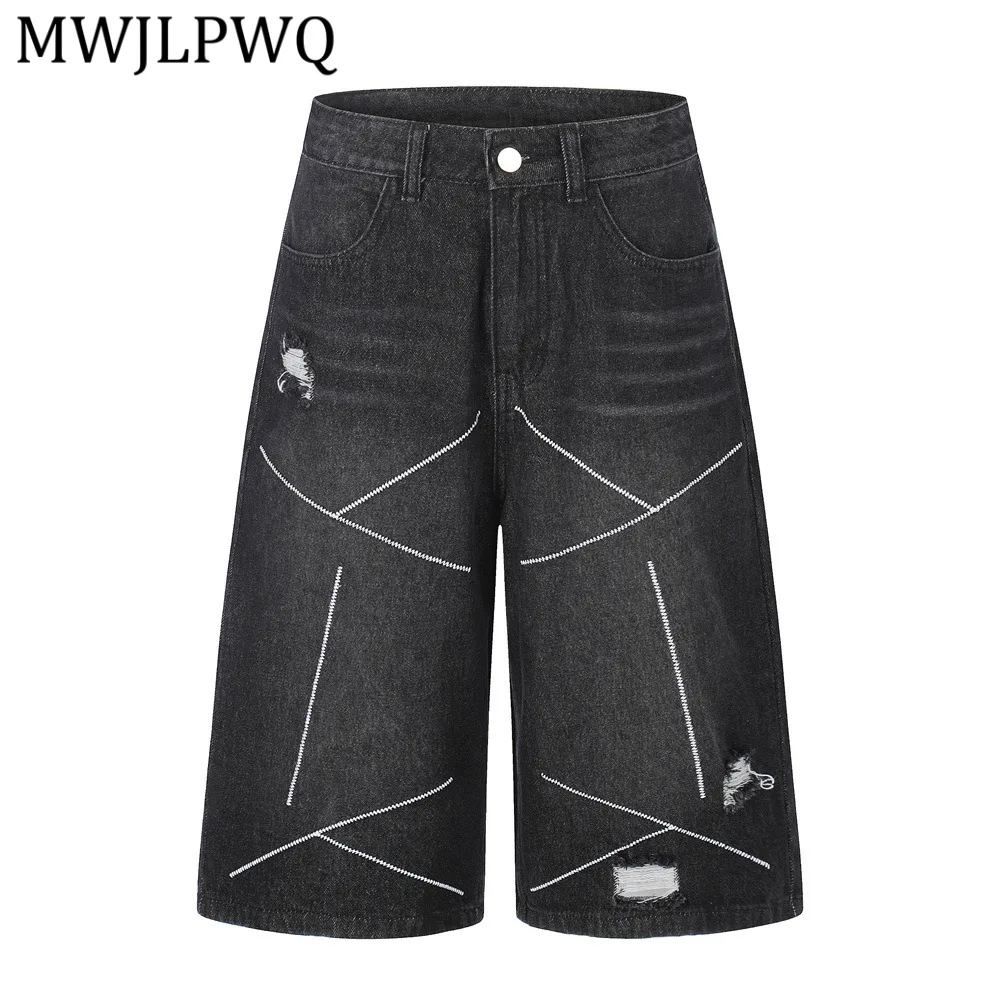 

MWJLPWQ American Retro Washed Distressed Ripped Denim Shorts Men's Summer Punk Streetwear Loose Straight Mid-Length Pants 16783