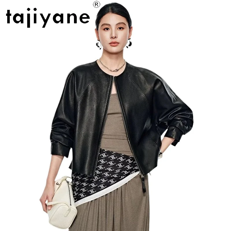 TAJIYANE Real Goatskin Jackets Women Premium Short O-Neck Coats Lychee Pattern Genuine Leather Jacket 2026 Woman Clothes кожанка