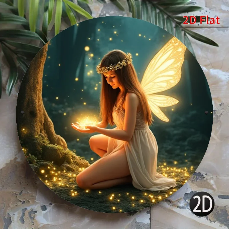 Runde Metallschild „Enchanted Forest Elf“ – lebendige, von der Natur inspirierte Kunst mit leuchtenden Feen und Twirling Stars, perfekt für die Raumdekoration