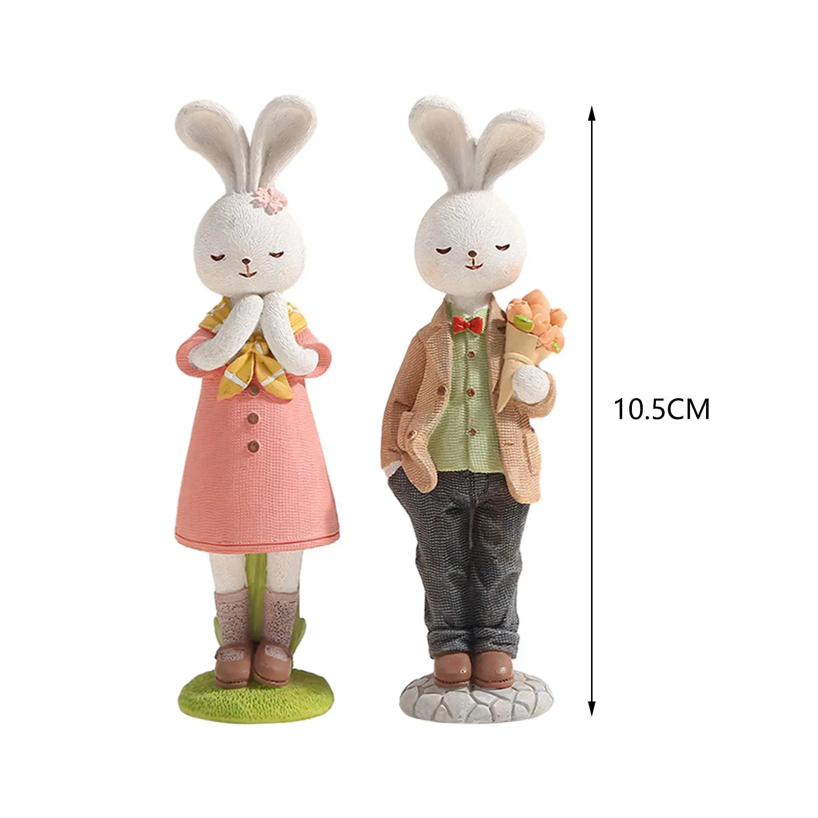 2x Easter Couple Bunny Figurines Easter Gift Cute Creative Cartoon Ornament Animal Sculpture for Cabinet Lawn Table Yard Office