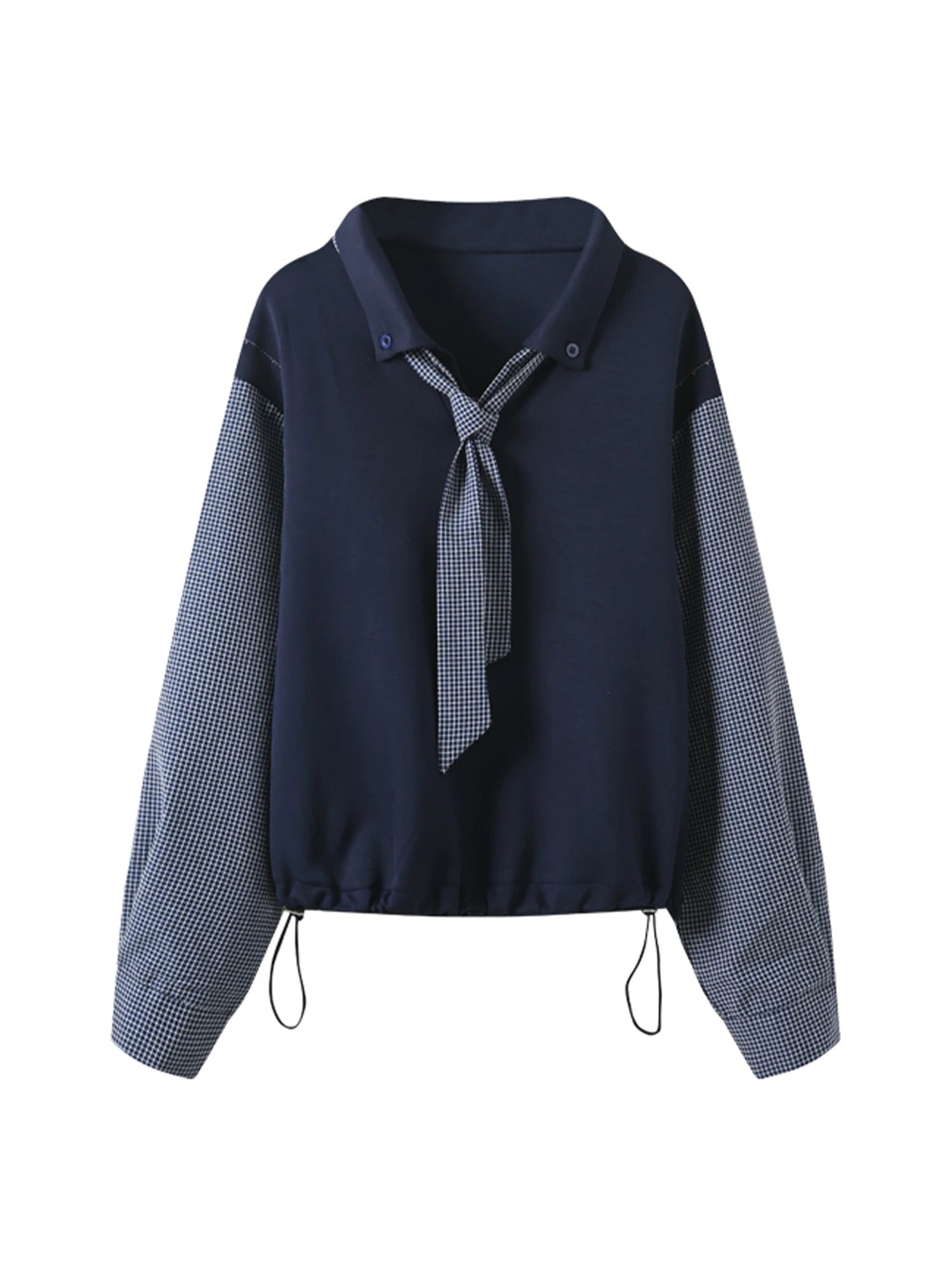 

Women Navy Patchwork Shirts and Blouses Vintage Elegant Aesthetic 2000s Long Sleeve V-Neck Oversize Shirt Clothes Spring Autumn