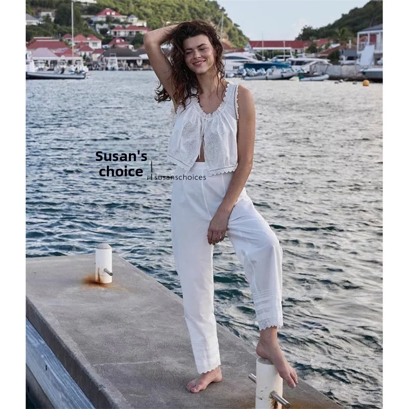 Susan taille haute jambe droite coton pantalon femme pur coton brodé dentelle pantalon décontracté été Faion Ele