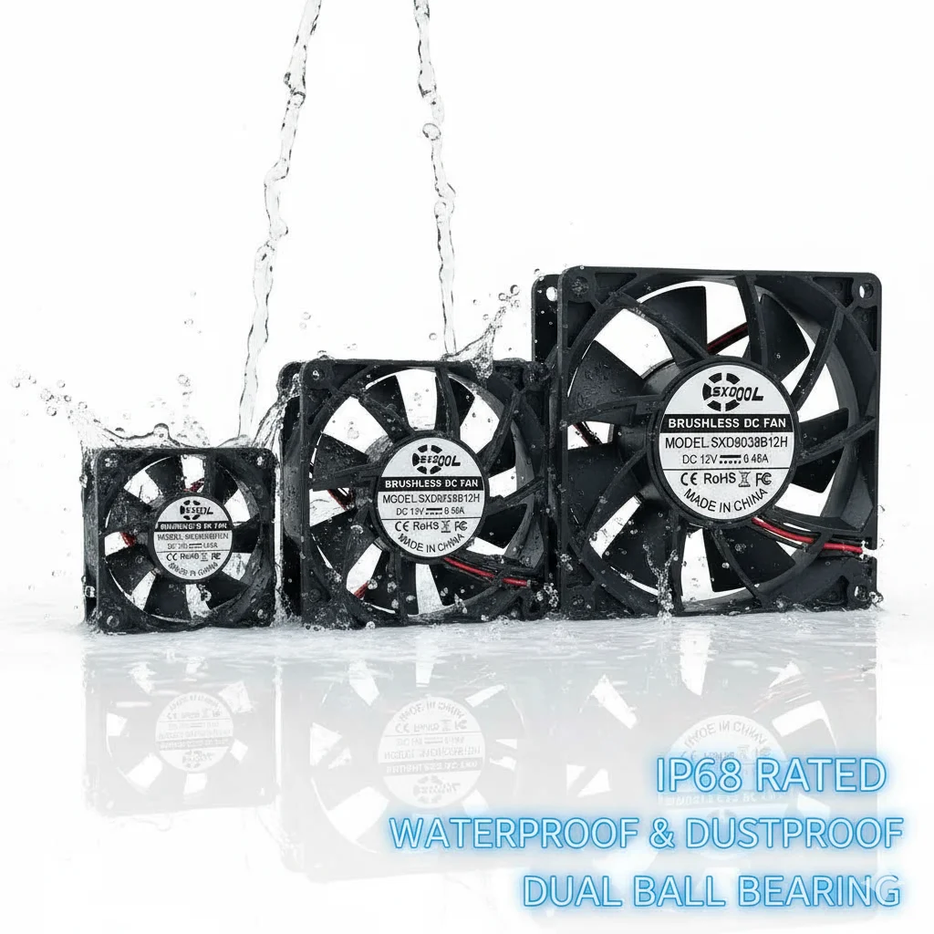 

IP68 Waterproof DC Cooling Fan, 12V 24V Dual Ball Dustproof & Humidity-Resistant for Harsh Environments, 60mm 80mm 92mm