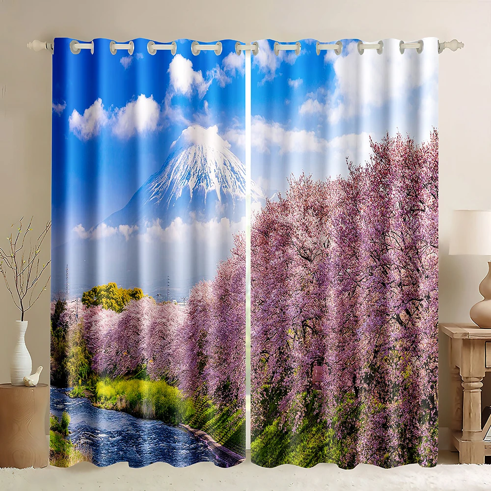 Cherry Blossom Windows Curtains,Japanese Curtains Mount Fuji Window Treatments Blue Sky Pink Flowers River Blackout Curtains