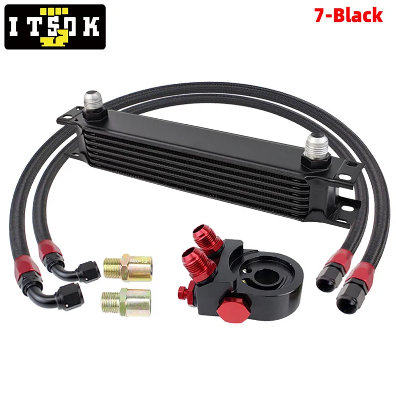 Universal Oil Cooler Kit British Type 7 10 13 16 Rows JDM Racing Oil Filter Sandwich Adapter Braided AN10 Hose