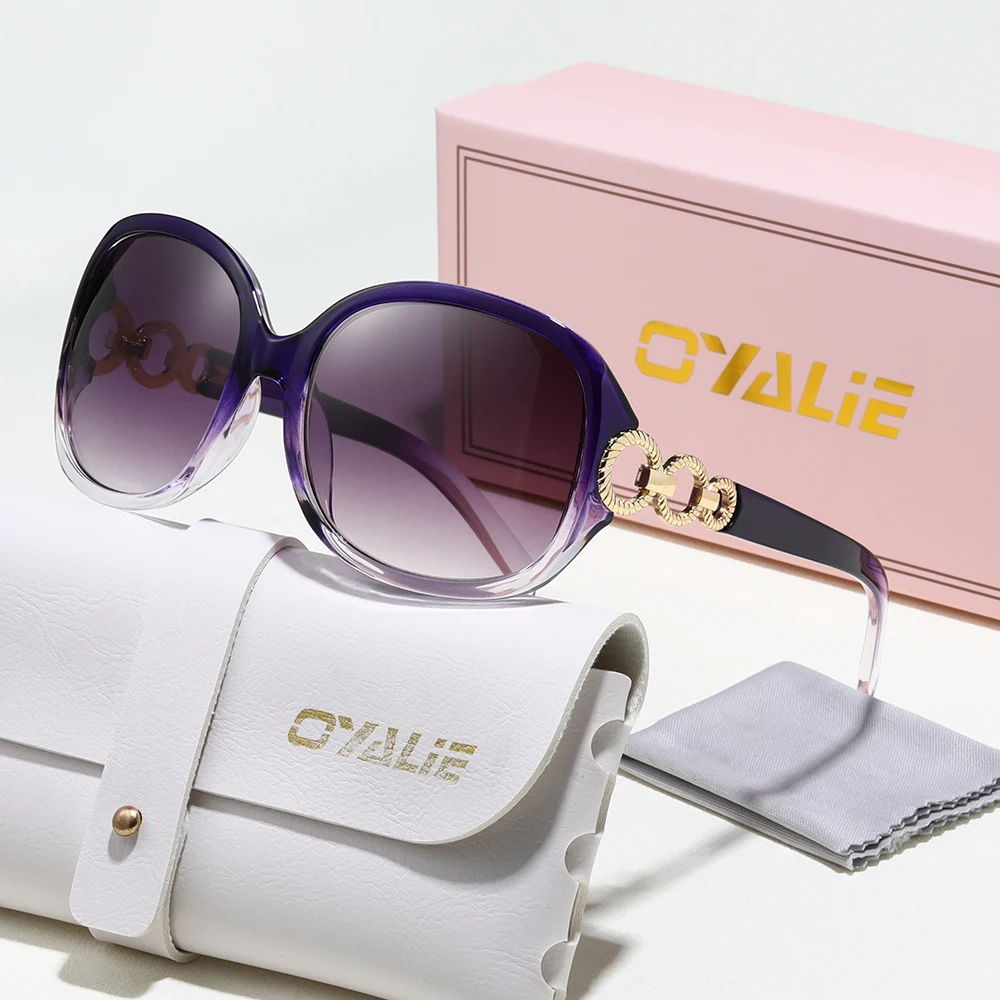 نظارات شمسية نسائية ذات ثلاث حلقات من العلامة التجارية مصممة على الموضة بإطار كبير كلاسيكي دائري معدني مزخرف للحماية من الشمس