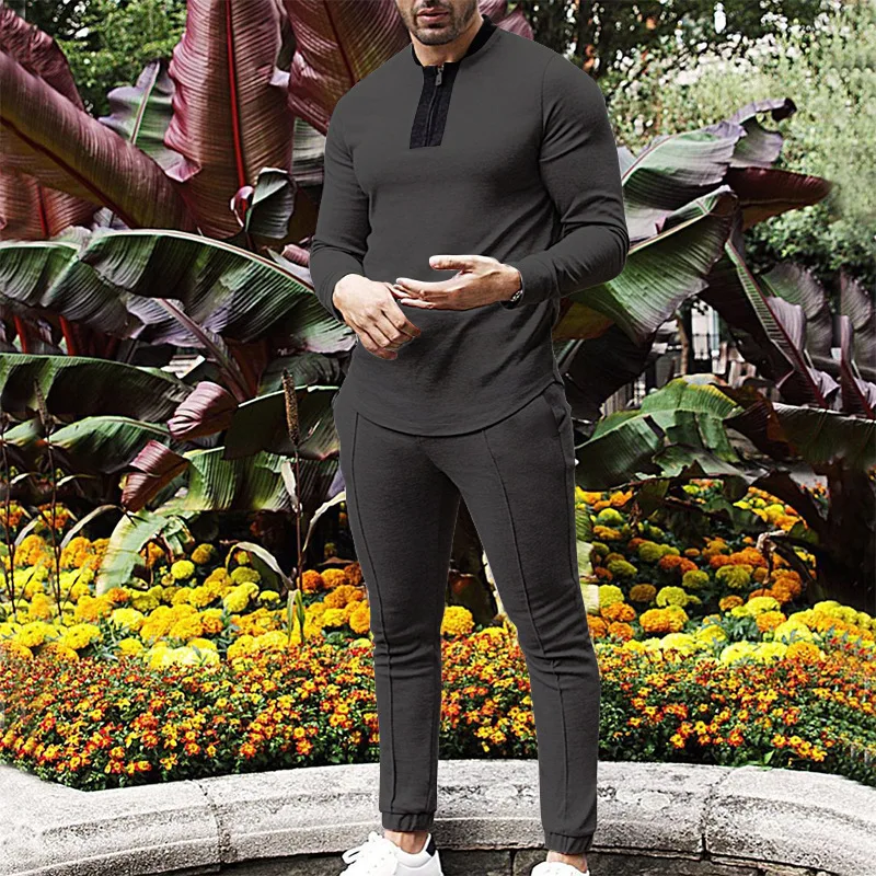 2024 Spring And Autumn New Heavy Set Men Waffle Fabric Men's Clothing V-neck Zipper Long Sleeve Pants Leisure Sports Suit