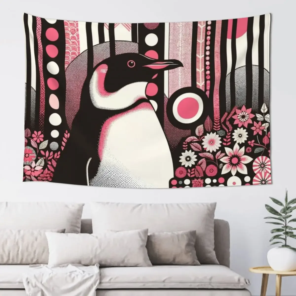 Cute Penguin In Pink Salmon Flower Forest Tapestry Wall Decor Hanging Wallpaper Bedroom Tapestry