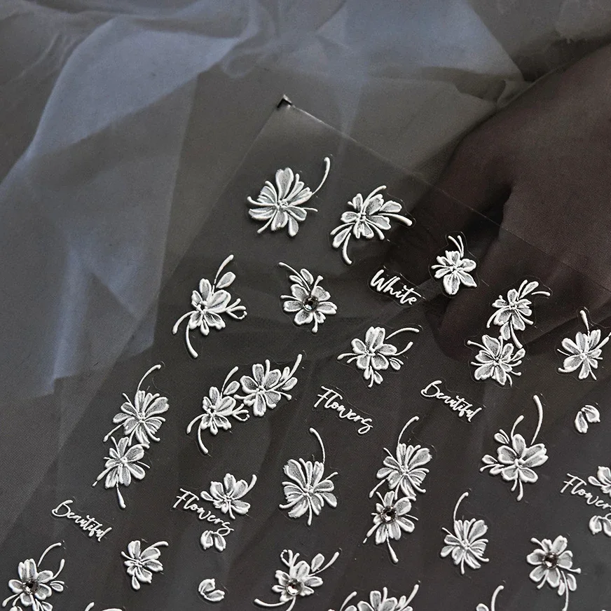 1 pièce 5D blanc floraison fleur autocollant pour ongles fleur arc strass perle doux relief nail art décoration autocollant nail art décalcomanie