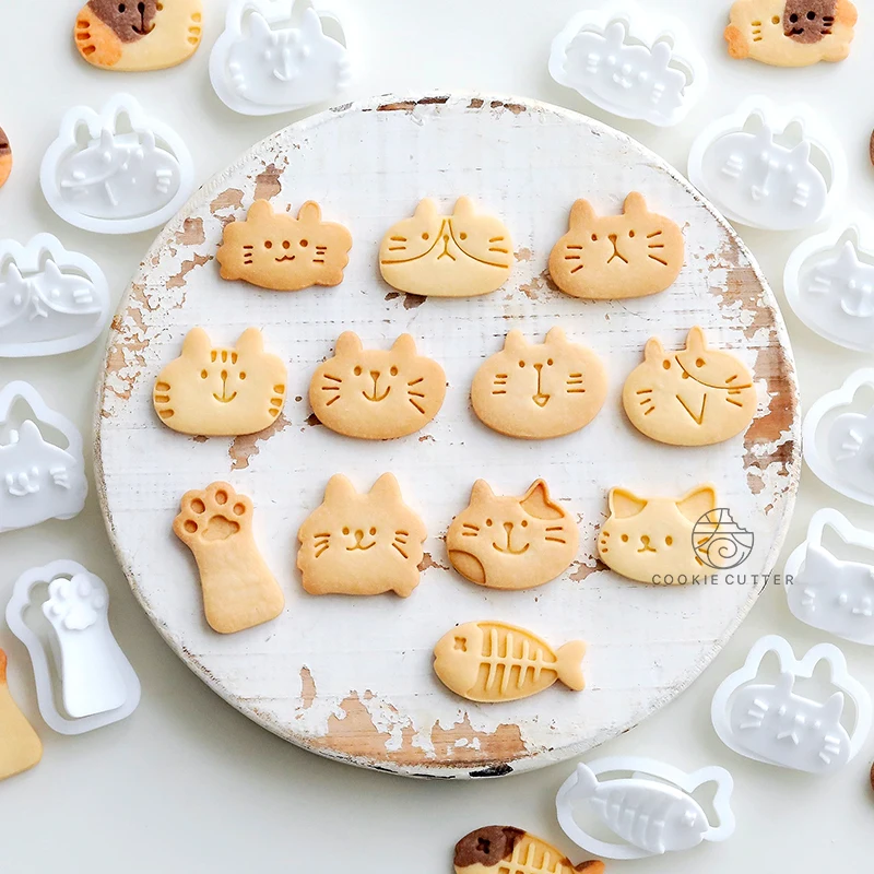 Cute Cartoon Cat & Fish Shape Cookie Stamps & Cutters Set Cat Paw Biscuit Embossers Molds Fondant Cake Decoration Tools
