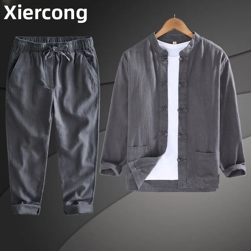 

Мужской костюм Тан (Ханьфу) в старинном китайском стиле, комплект из хлопка и льна, для медитации, весна-осень, для чайной церемонии, этническая одежда