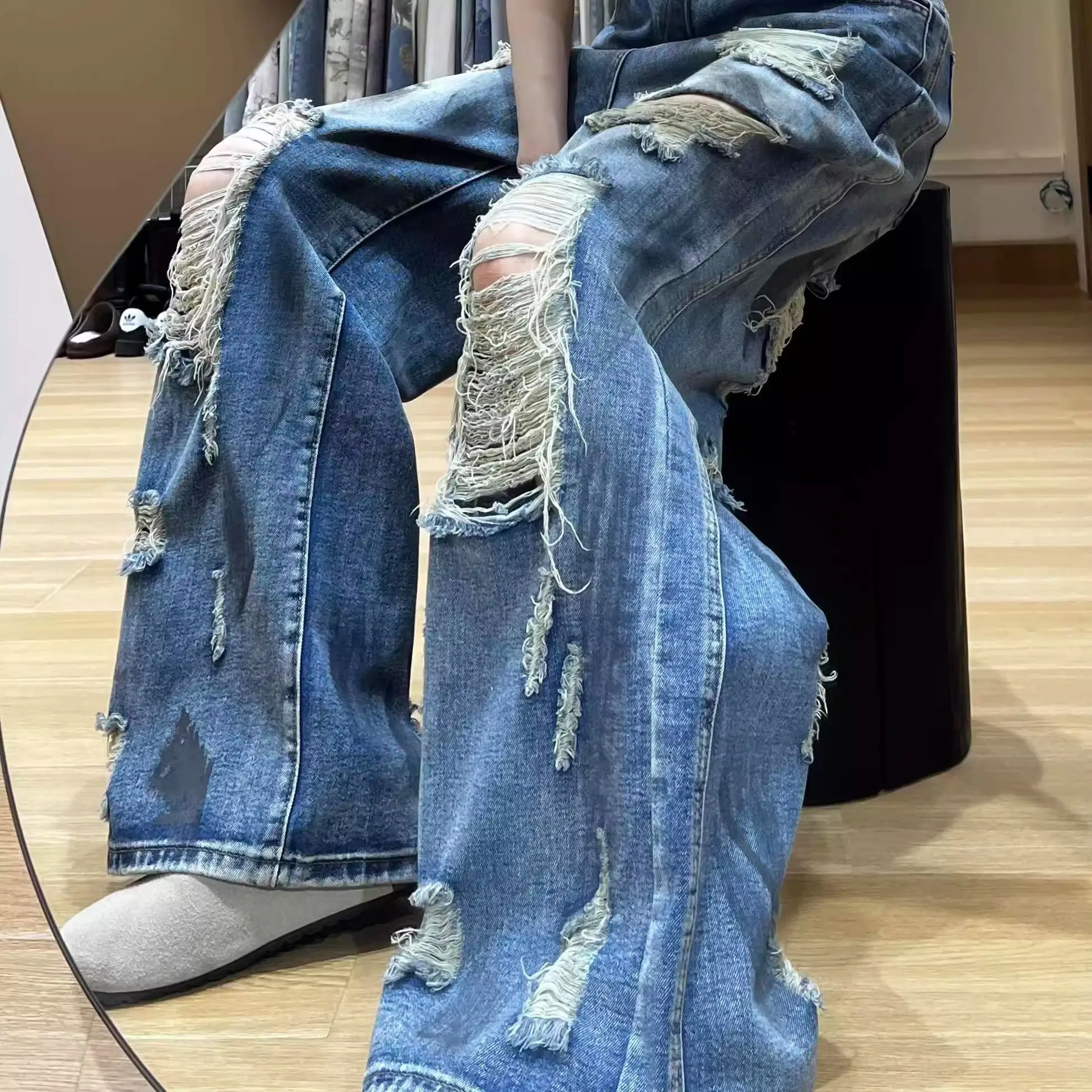 Amerikaanse zomer high street mannen en vrouwen trend rechte pijpen persoonlijkheid vernietiging jeans paar losse wijde pijpen casual broek