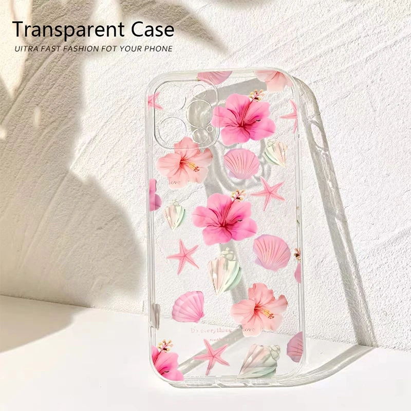 

Seashell Flower Print Transparent Phone Case For iPhone 16 15 11 14 12 16 Pro Max 13 Mini 16e 7 8 Plus XS Max XR X Soft Cover