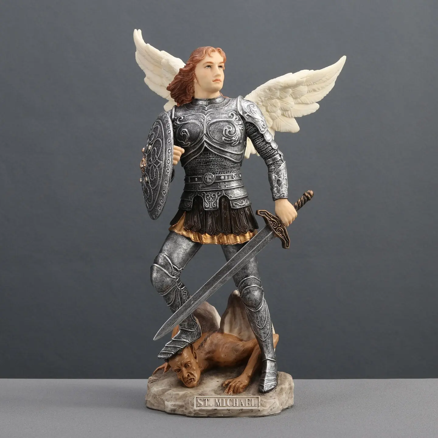 Archangel Saint Michael Statue Resin Figurine St Michael Slaying Demon Sculpture Religious Home Tabletop Decorative Ornament
