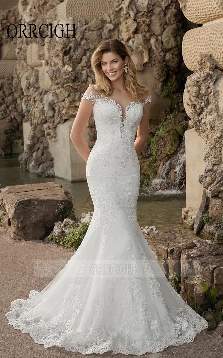 Mermaid Wedding Dresses with Train Lace Applique Tulle Bridal Gown Scoop Neck Cap Sleeve Bride Dress Customizable