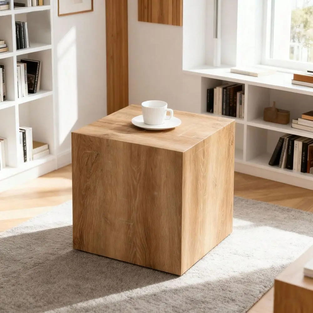 

15.75 Inch Modern Square Side Table, Elegant Beside Sofa Couch Cube, Light Wood Color Texture Patterns MDF Coffee Table, For Be