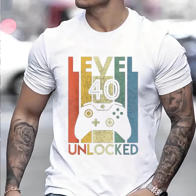 Level 40 Unlocked Funny Video Gamer Pattern Men's Women's T-Shirts 40th Anniversary Gift Funny Party Pattern Couple's T-Shirts
