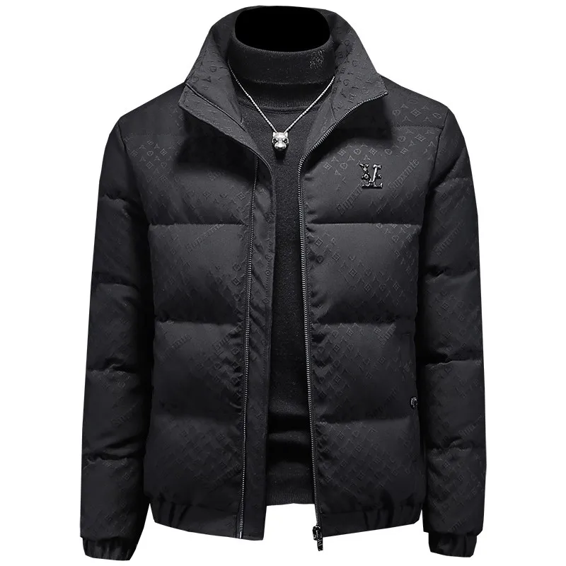 Winter Men's Plaid Jacquard down Jacket Collarless Warm Coat White Duck Feather Outerwear for Cold Weather