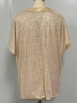 Módní dámské flitry s výstřihem do V, halenka s volným střihem, elegantní jednobarevný top, ležérní košile s krátkým rukávem 10 nejlepší prodej halenka s flitry - №7