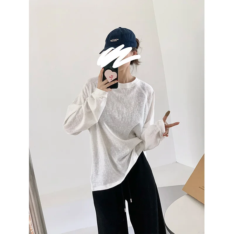 Loose Long Sleeve round Neck T-Shirt Women's Basic  Color Snowflake Cotton Spring Autumn New Style under Shirt Top