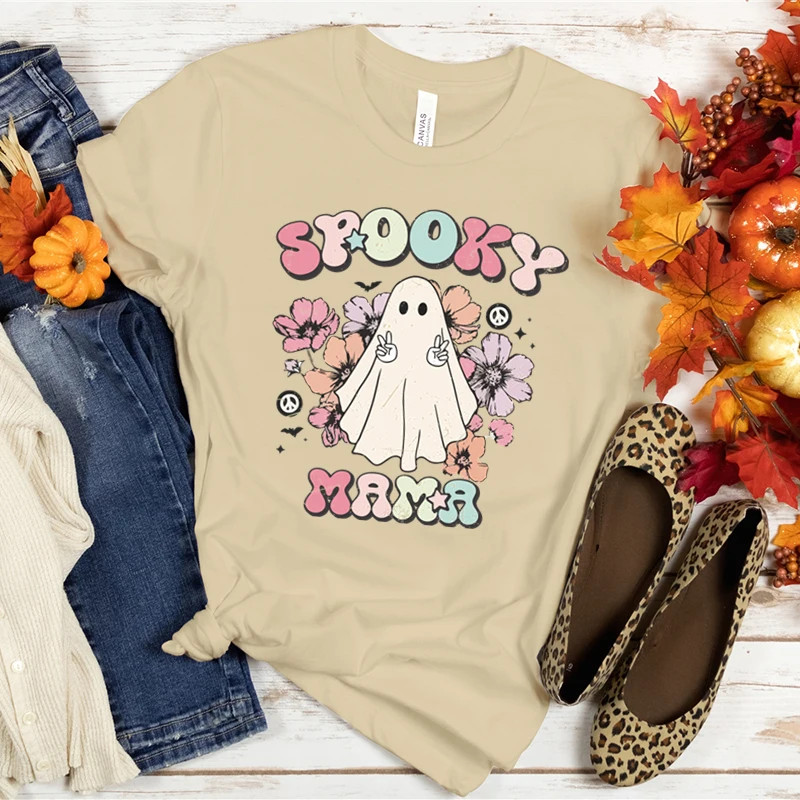 Spooky Mama Print Women T Shirt Funny Graphic Streetwears Halloween Summer Short Sleeve T-shirts Halloween Boo Horror Clothes