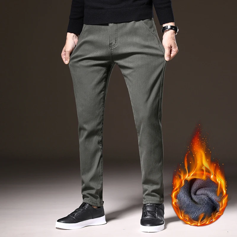 Thickened Fleece Lined Mens Casual Pants Winter Warm Soft Fabric Elastic Straight Pants Comfortable Daily Wear Slim Fit Trousers