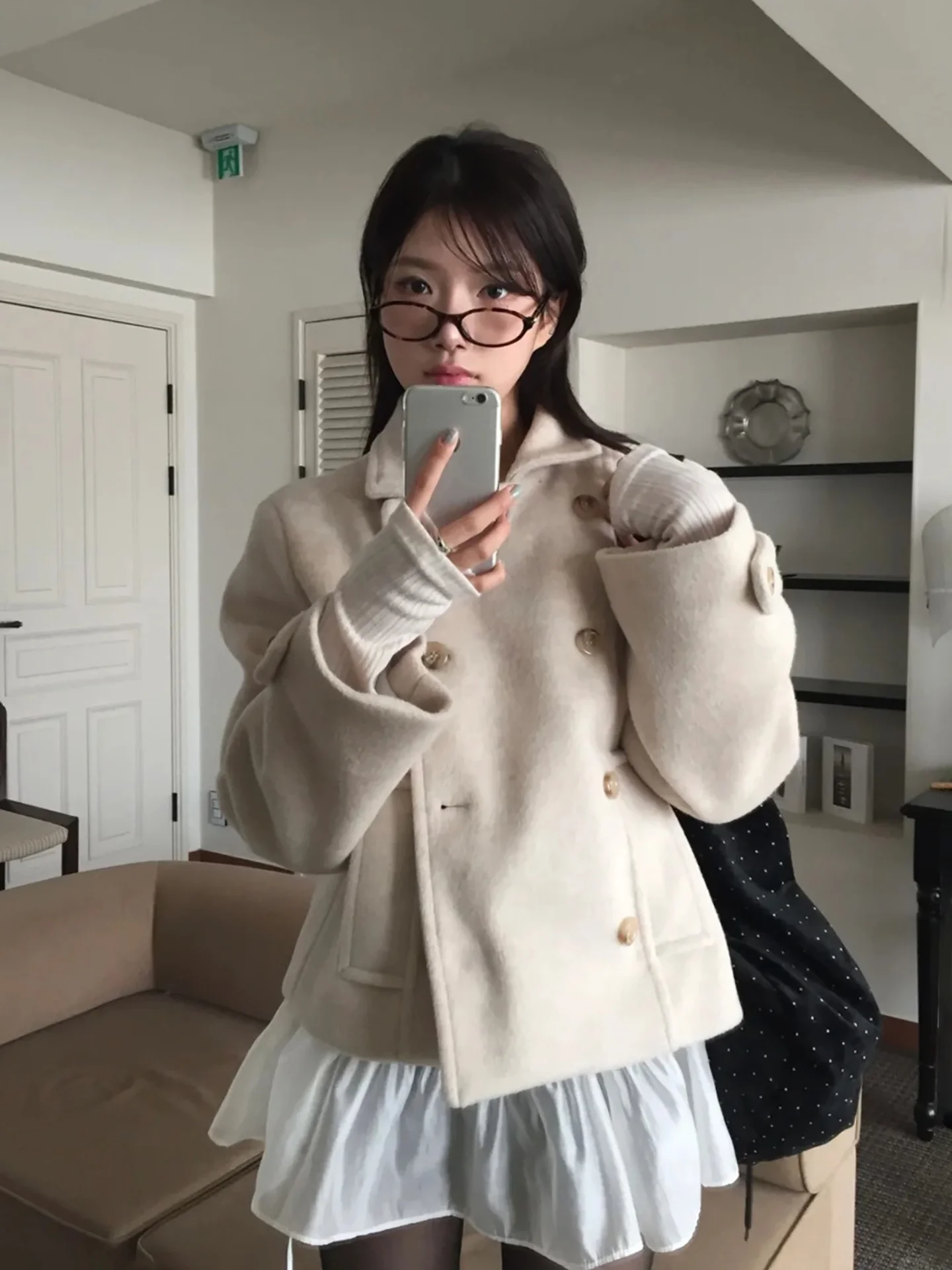

Ele ort Woolen Jaet Women's Double-Breasted Lapel Coat Korean Sle Commute Thiened Polyester Fiber Autumn Winter