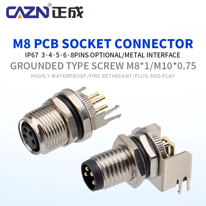 M8 PCB Back Mount Socket Male Female Straight Right Angle 3 4 5 6 8 Pin Grounded Type IP67 for Robotic Arm & Factory Automation