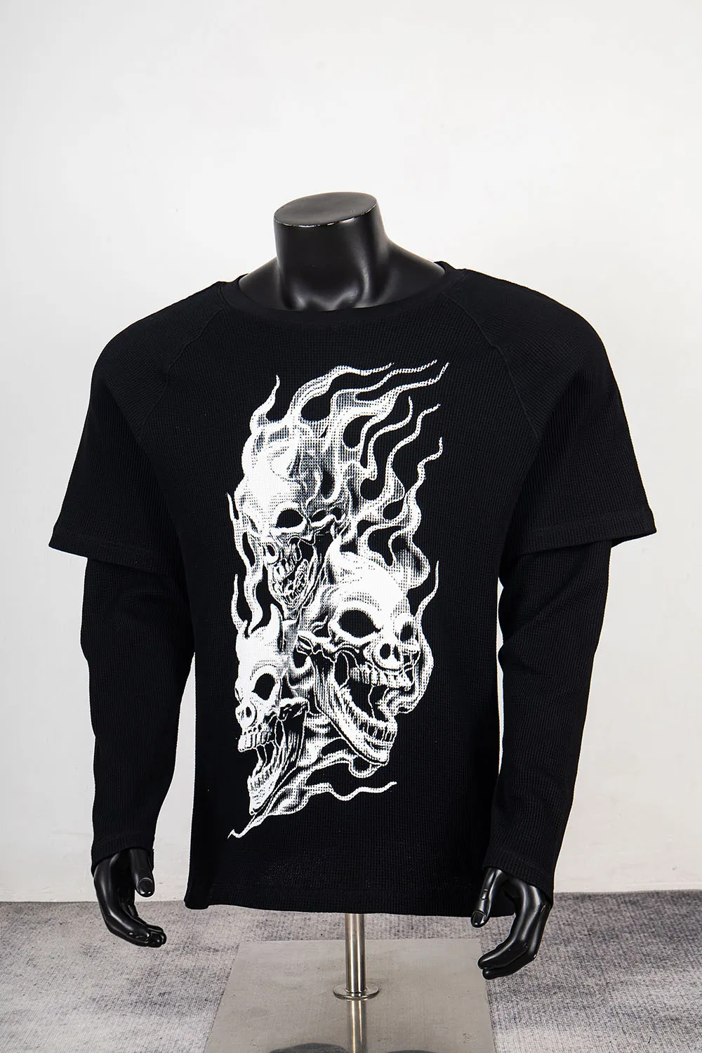 Vintage New Flme Skull Print Black Long Sleeve Tshirt for Men and Women Crew Neck Cotton Loose Baggy Top Tees Oversized