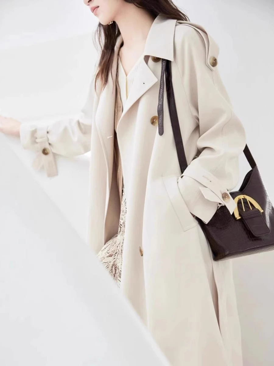 

Brown Trench Women'S Fashionable Raincoat Sleeve Office Outerwears Coats Clothing Lace Up Apricot Full Thick Outwears Cotton