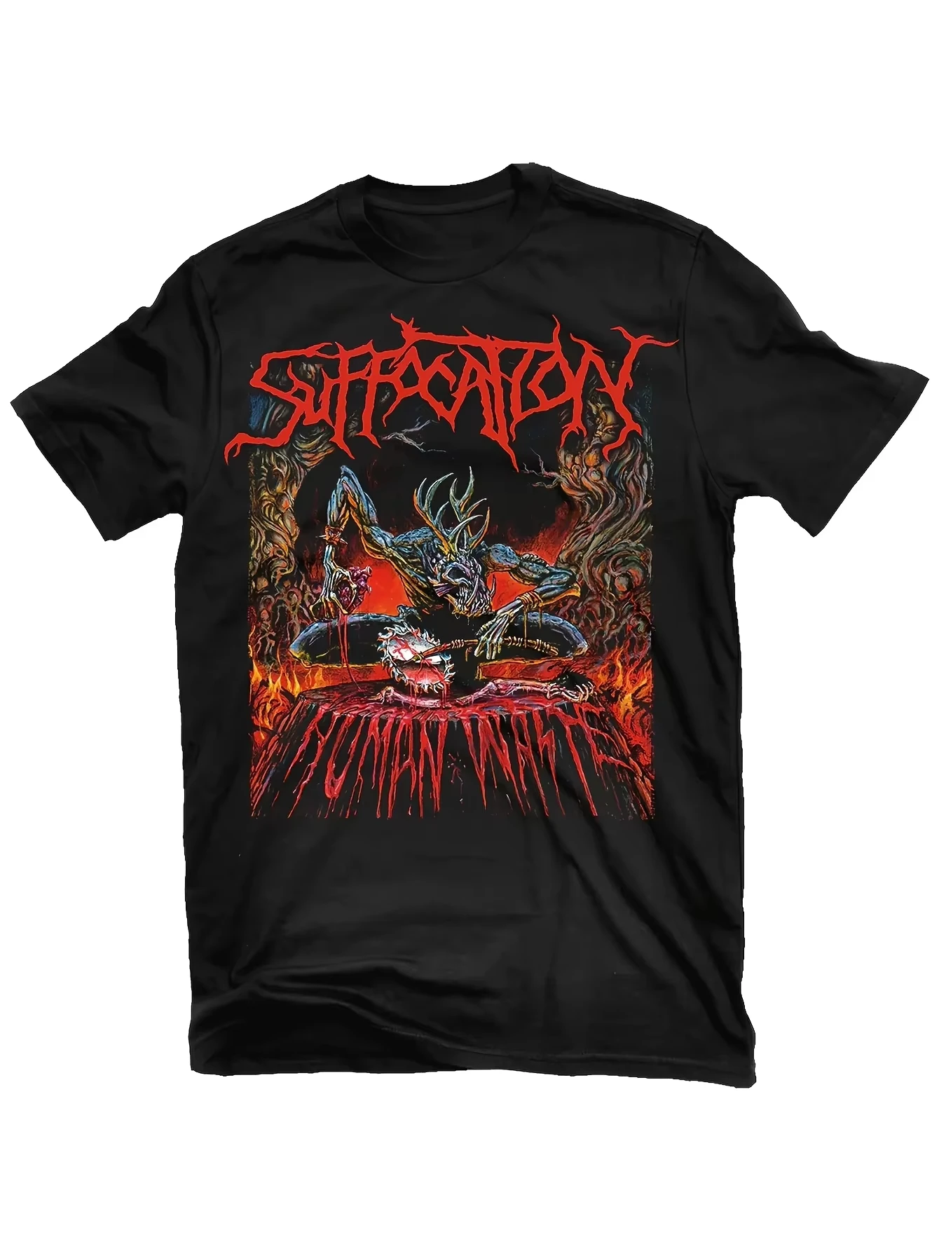 SUFFOCATION Official Human Waste Graphic Tee - Black Band Merchandise Featuring a Striking Skull And Flames Design Men Clothing